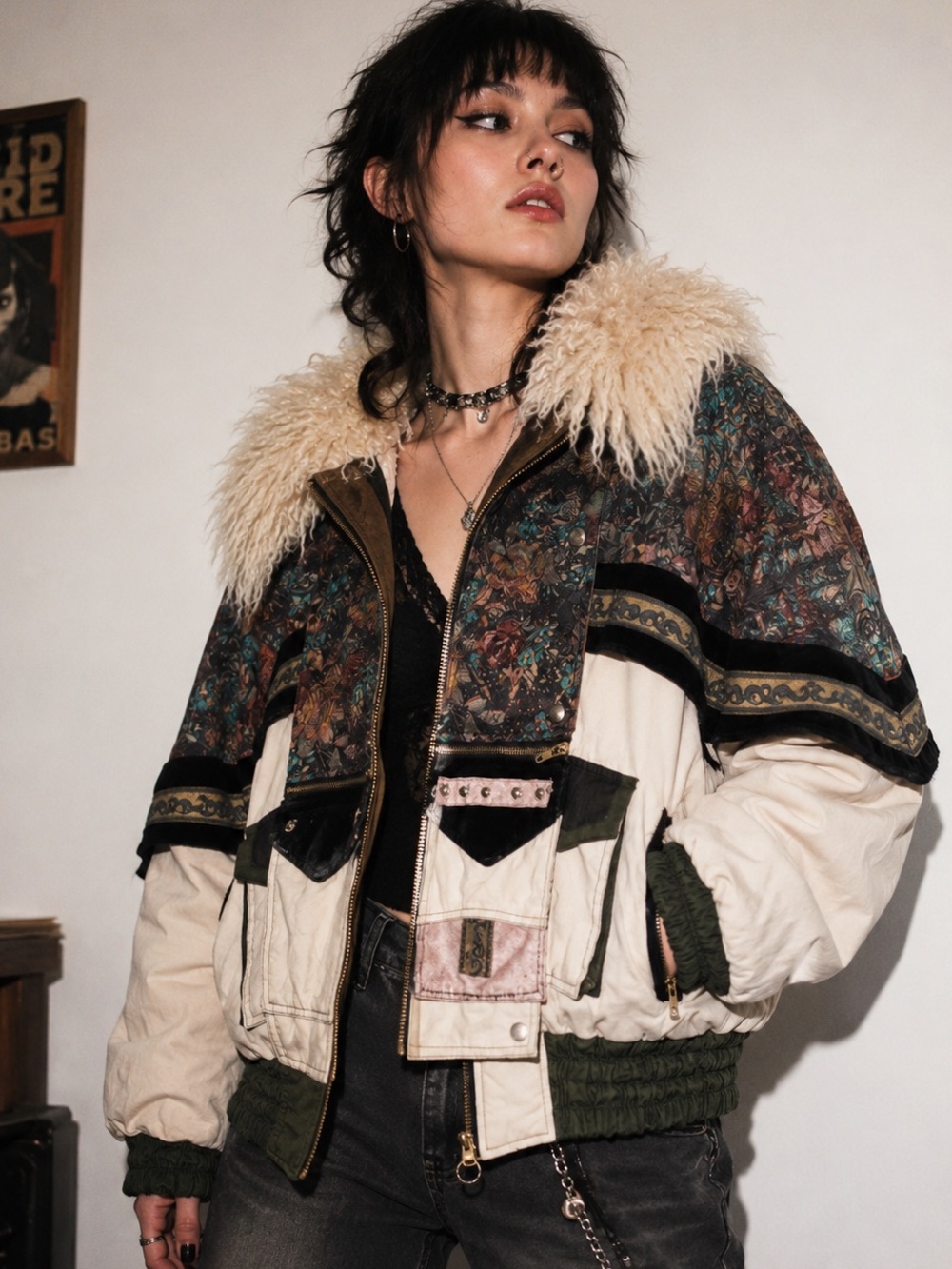 Cream & Multi-Color Vintage Fur Trim Jacket